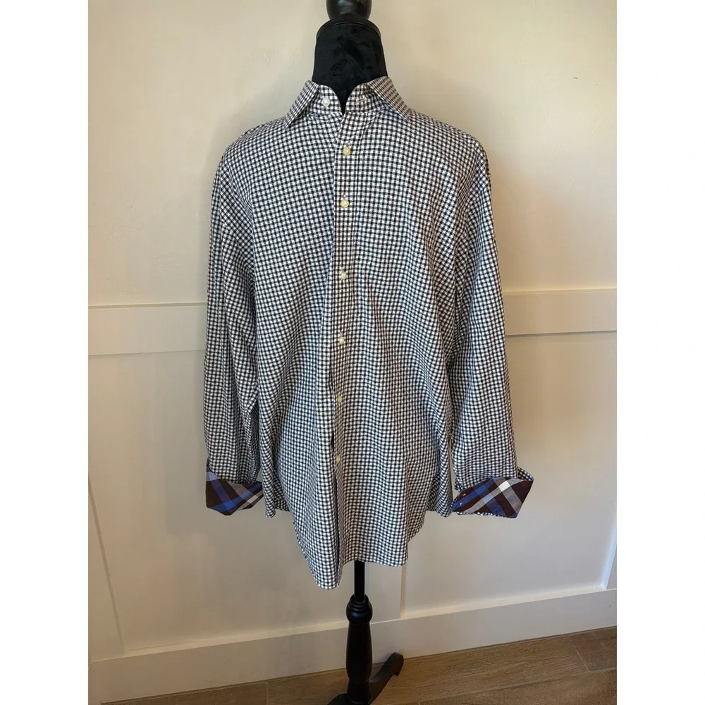thomas dean dress shirts Men's Blue and Orange Plaid Shirt - Size M 100% cotton 14.5 across chest 20 shoulder to hem Thomas Dean Men's Gingham Button